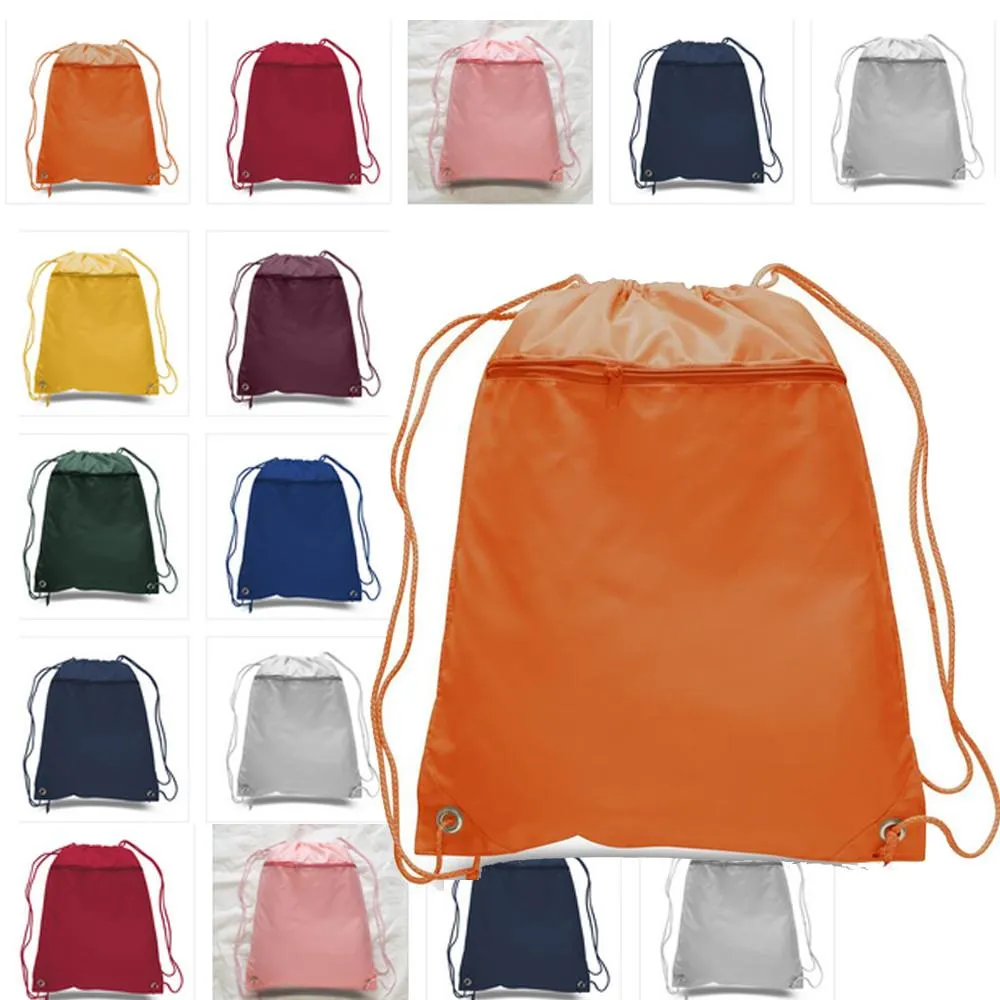 12 ct Promotional Polyester Drawstring Bags with Front Pocket - By Dozen