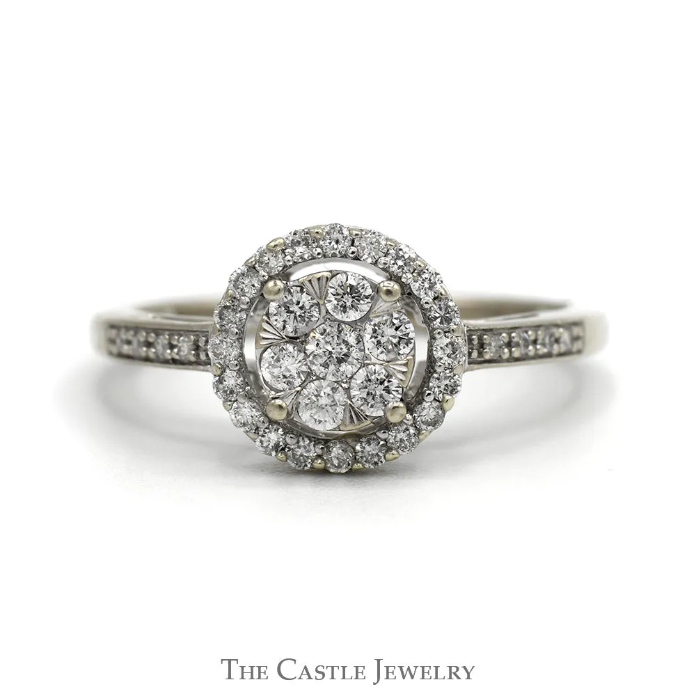 1/2cttw Round Shaped Diamond Cluster Ring with Diamond Halo and Accented Sides in 14k White Gold