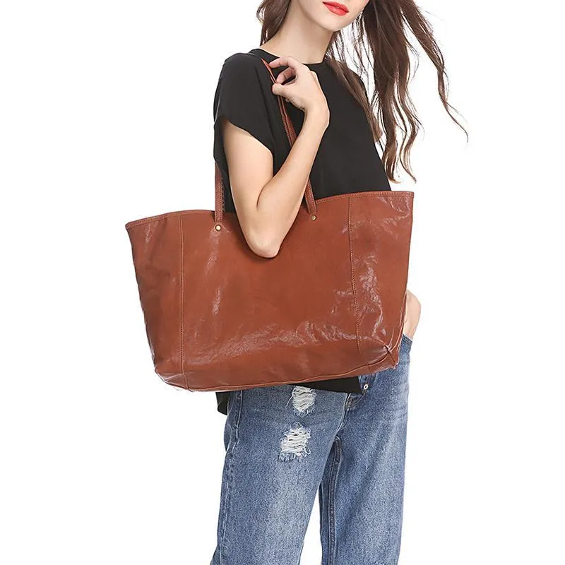 16" Womens Brown Leather Tote Bag Black Womens Handbag Shopper Bag Purse for Ladies