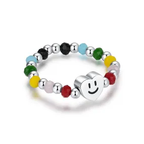 Adjustable S925 Sterling Silver Ring with Sweet Heart and Smile Face Beads