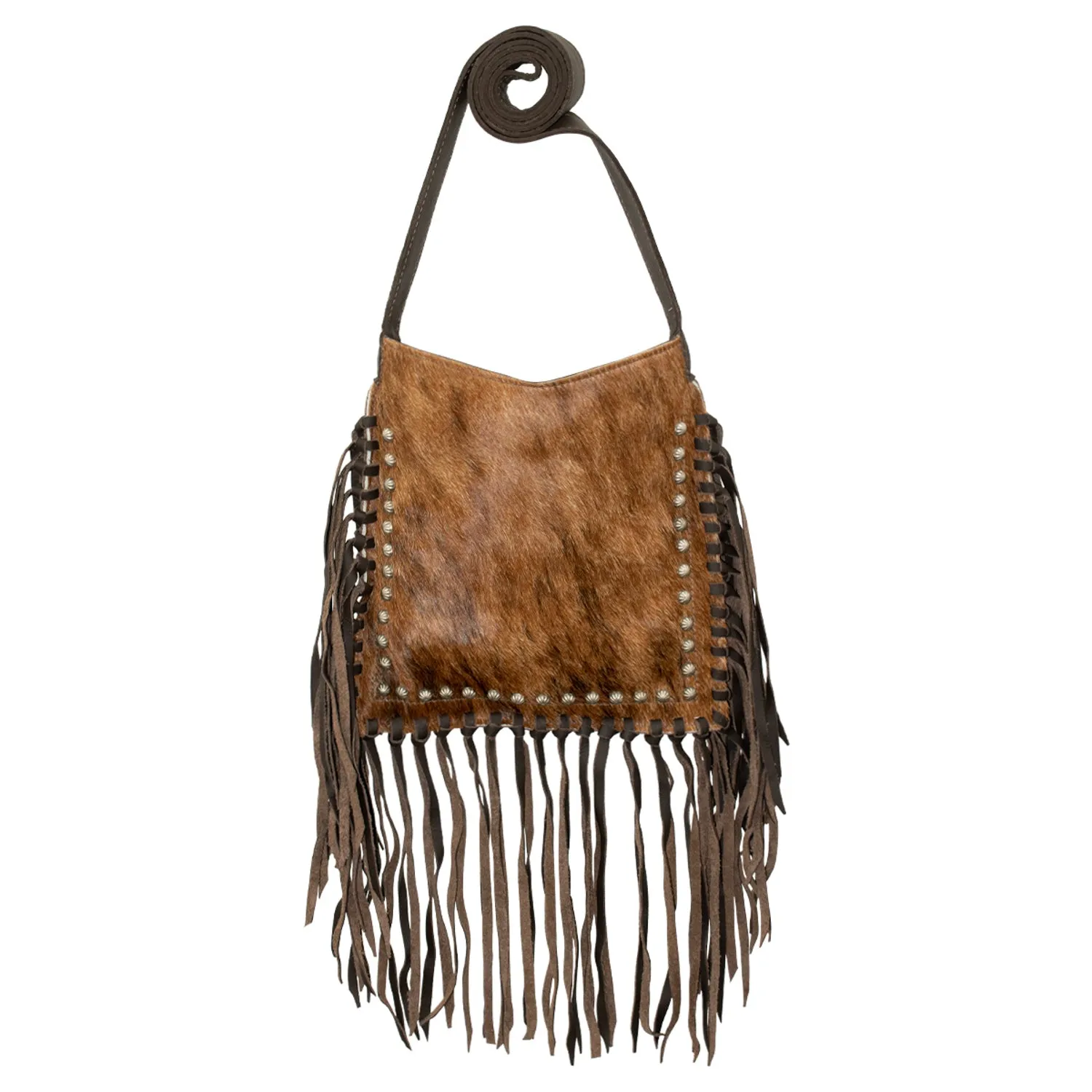 American West Womens Fringed Cowgirl 10in Brindle Hair-On Leather Crossbody Bag