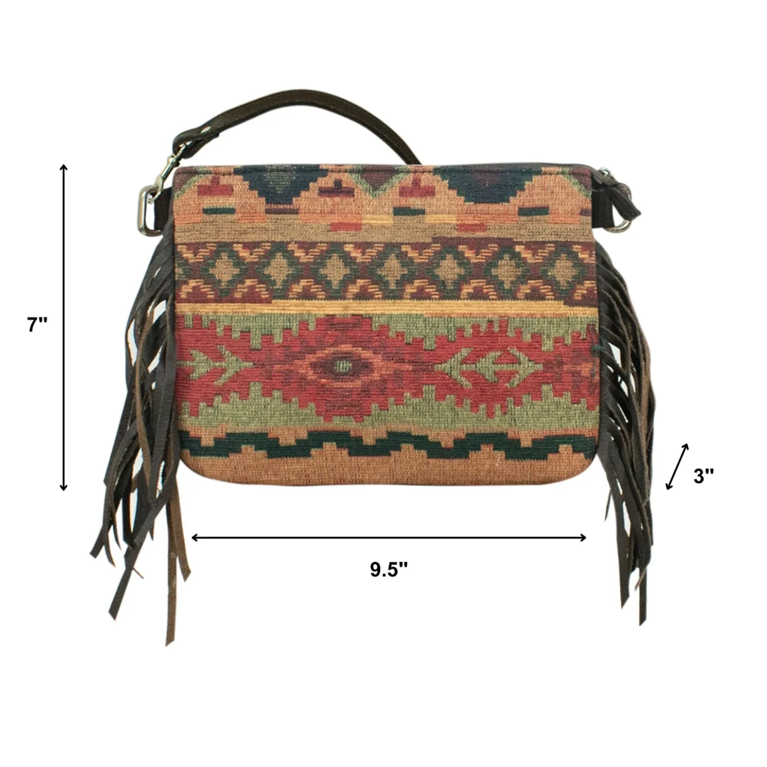 American West Womens Woven Tapestry Zip Top Green/Red Leather Crossbody Bag