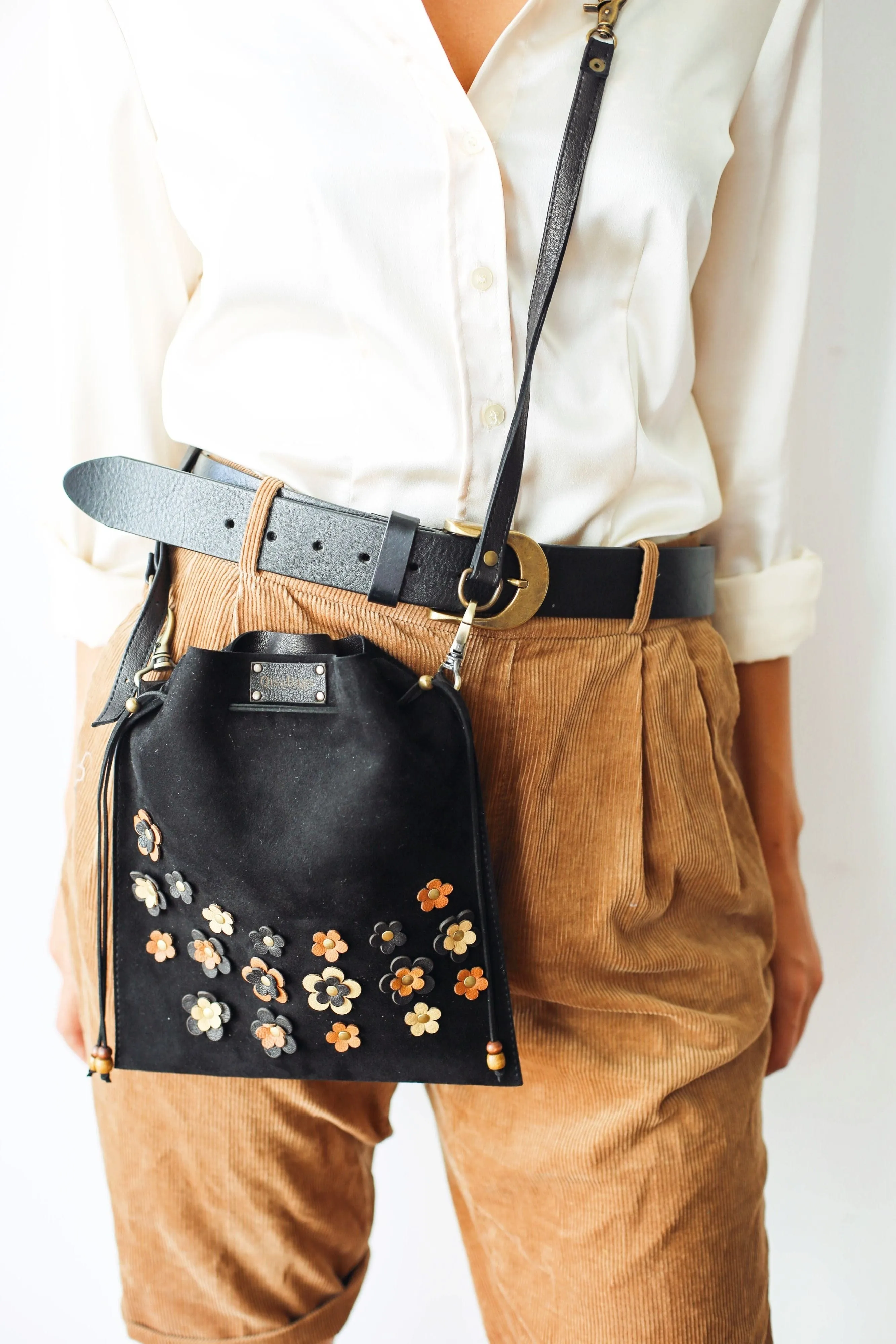 Black Floral Suede Pouch Bag