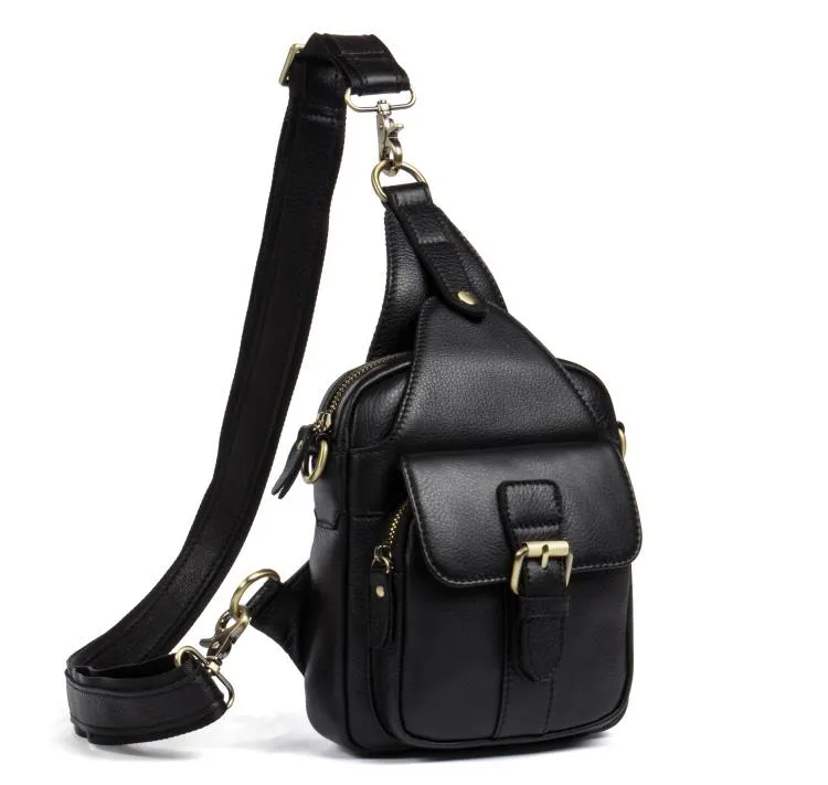 Black Leather Mens Sling Bag Sling Pack Black Cool Crossbody Packs Chest Bags for men