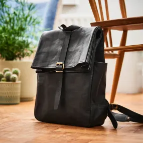 Black Leather Roll-Top Backpack