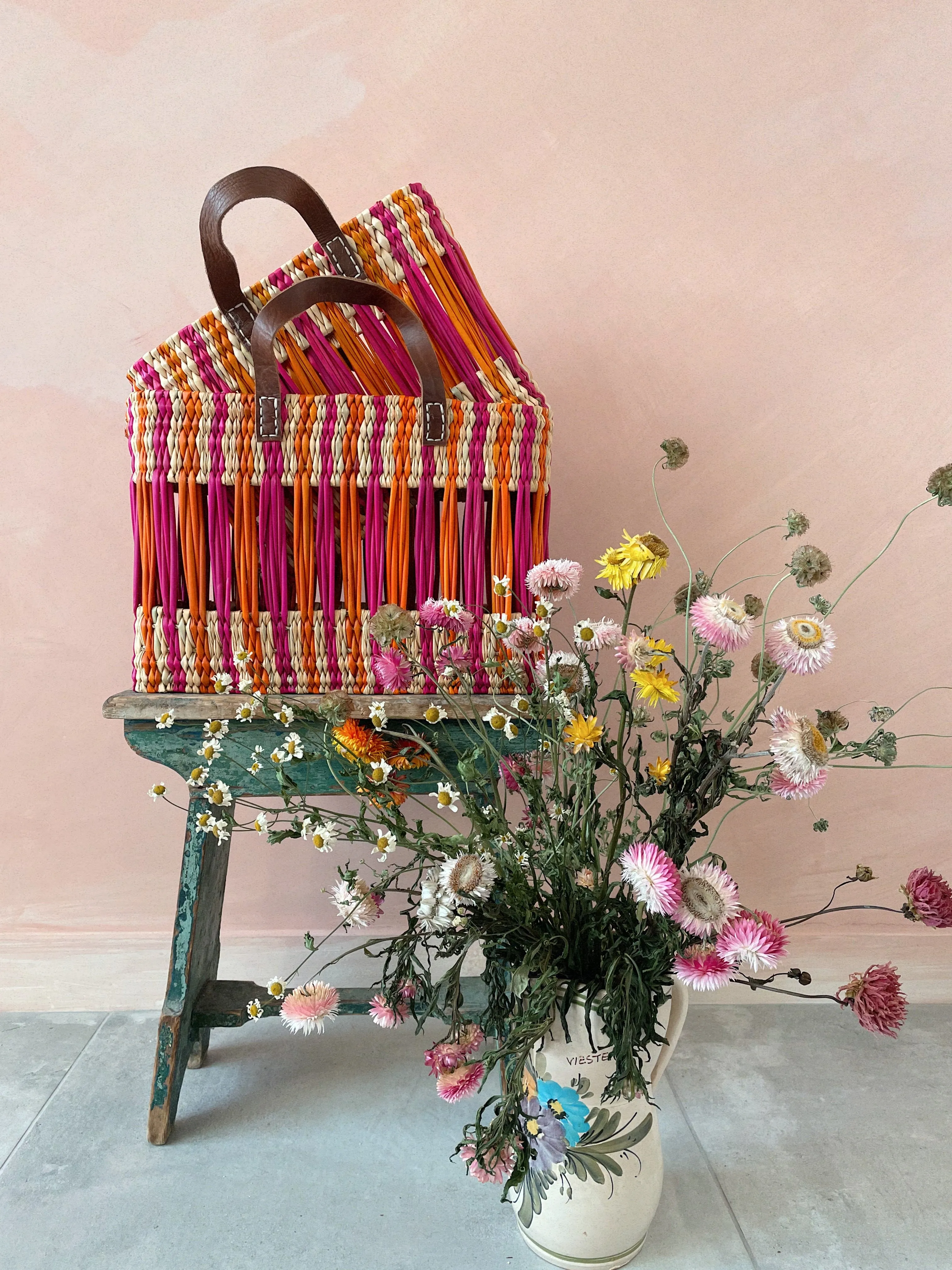 Decorative Reed Basket, Pink and Orange Stripe