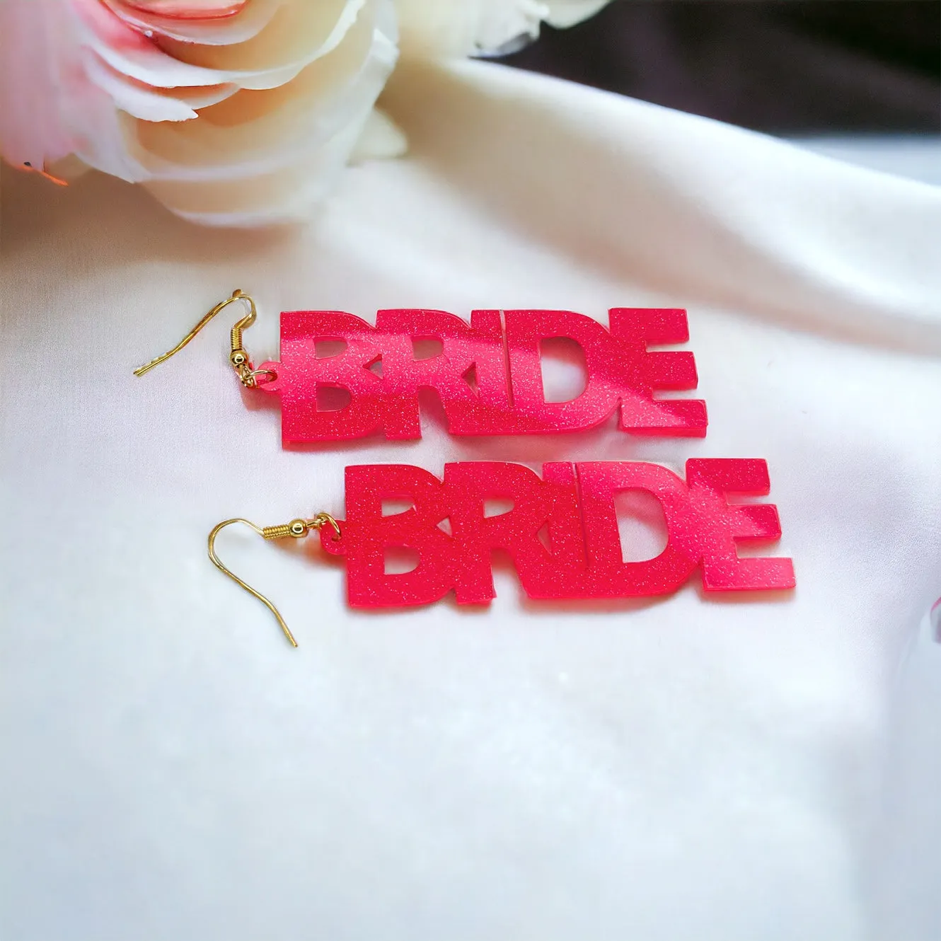 Glitter Acrylic Bride Dangle Earrings - Hot Pink Glitter or Rainbow Glitter - Sparkle in Style!