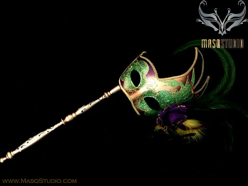 Masquerade Mask Venetian Style Ostrich Feather Swan - Mardi Gras Stick Mask