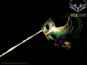 Masquerade Mask Venetian Style Ostrich Feather Swan - Mardi Gras Stick Mask