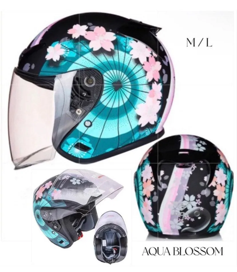 NWT Helmet - His & Her M-XL Prix Black Racer / Aqua Blossom / Vintage Red Camel - DOT certified motorcycle Vespa riding helmets   visor