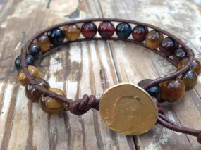 Tiger Eye Bracelet - Tiger Eye Wrap - Leather Wrap Bracelet - Tiger Eye Jewelry - Brass Greek Coin - Men's Jewelry - Women's Jewelry