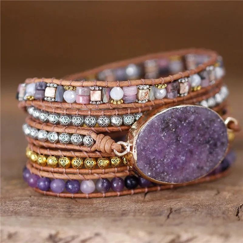 Violet Stone Beaded Leather 5 Wrap Bracelet