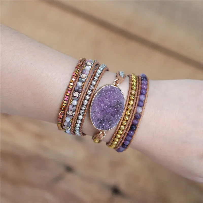 Violet Stone Beaded Leather 5 Wrap Bracelet