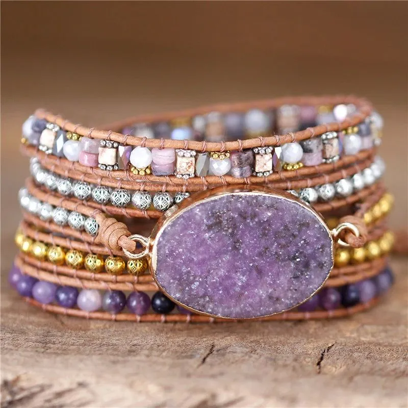 Violet Stone Beaded Leather 5 Wrap Bracelet