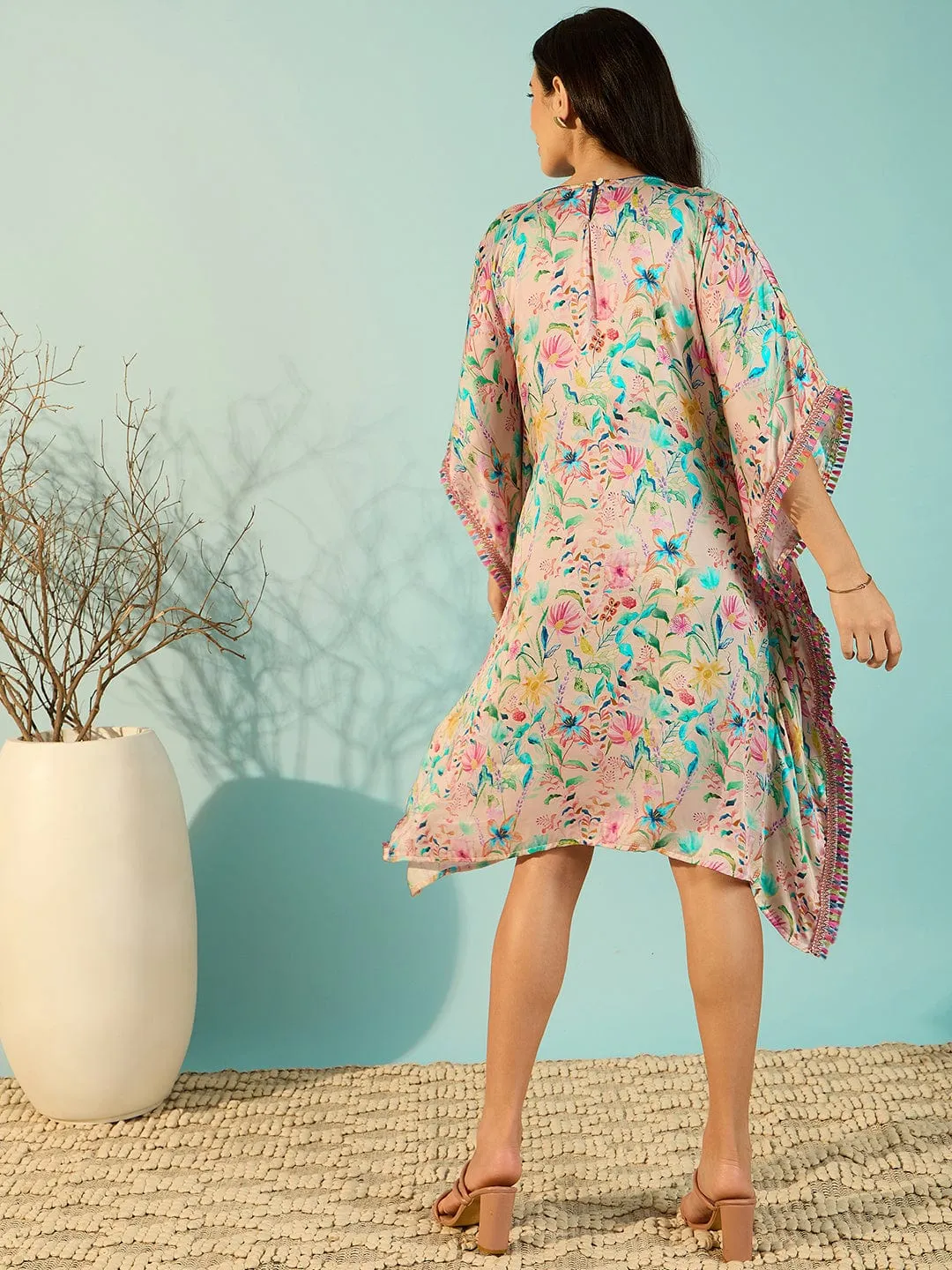 White Floral Printed Glamorous Satin Day Kaftan Dress